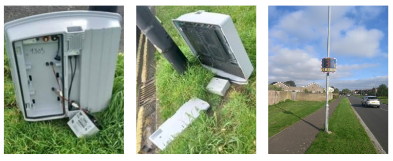 Image carousel of a damaged EVOLIS Vision radar speed sign and its repair and return to service.